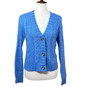 American Eagle Blue Cable Knit Cropped Cardigan XS Button Front Chunky Knit NWOT